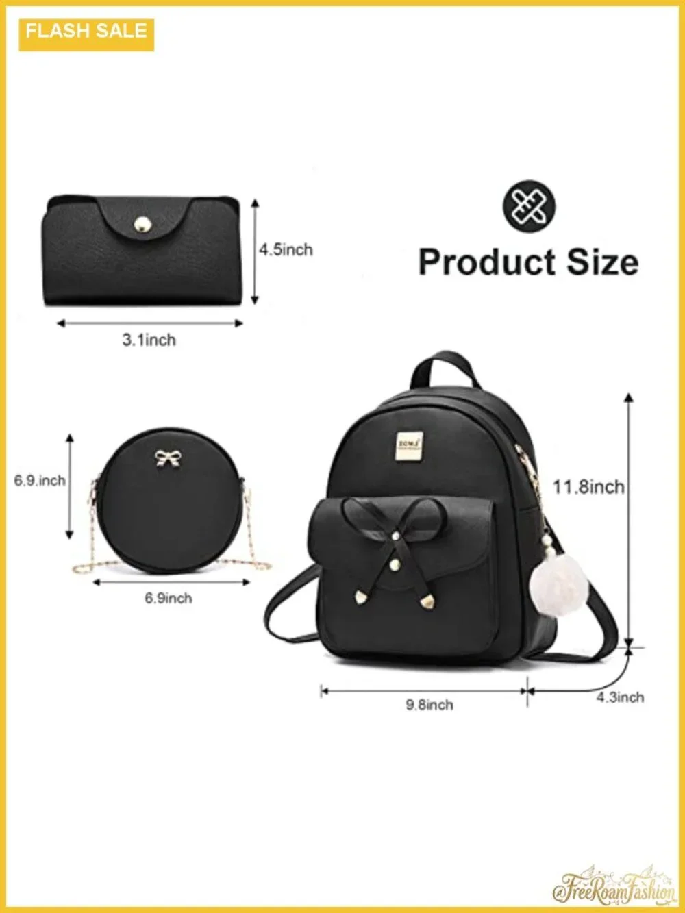 Mini Leather Backpack 3-Piece Set Bowknot Zipper Purse Crossbody Wallet Fashion